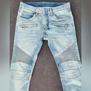 MENS 28 X 31 LONG mnml BLUE DENIM LOW RISE SKINNY JEANS WITH ANKLE ZIPPERS